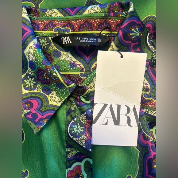 ZARA Green/Multi Satin Button Front Tunic Top Blouse Size Small NWT Artsy Boho - Picture 9 of 9